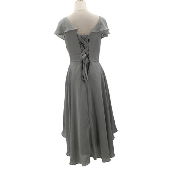 FORMAL SZ 8 M grey ruffle corset lace up hi low vneck faux wrap dress NEW B132 - Picture 3 of 9